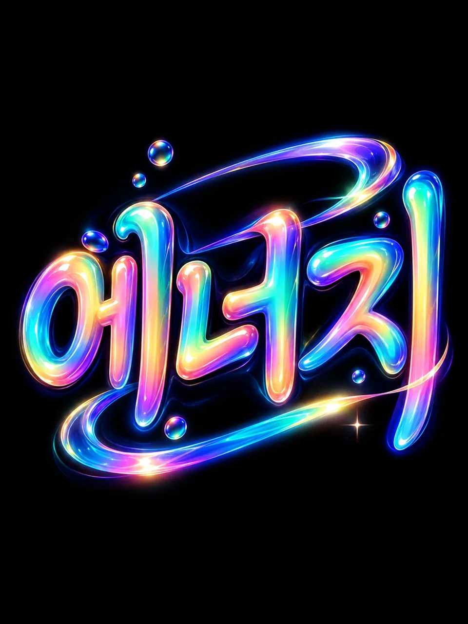 검은색 배경에 무지갯빛 네온 유리 글씨로 쓴 에너지