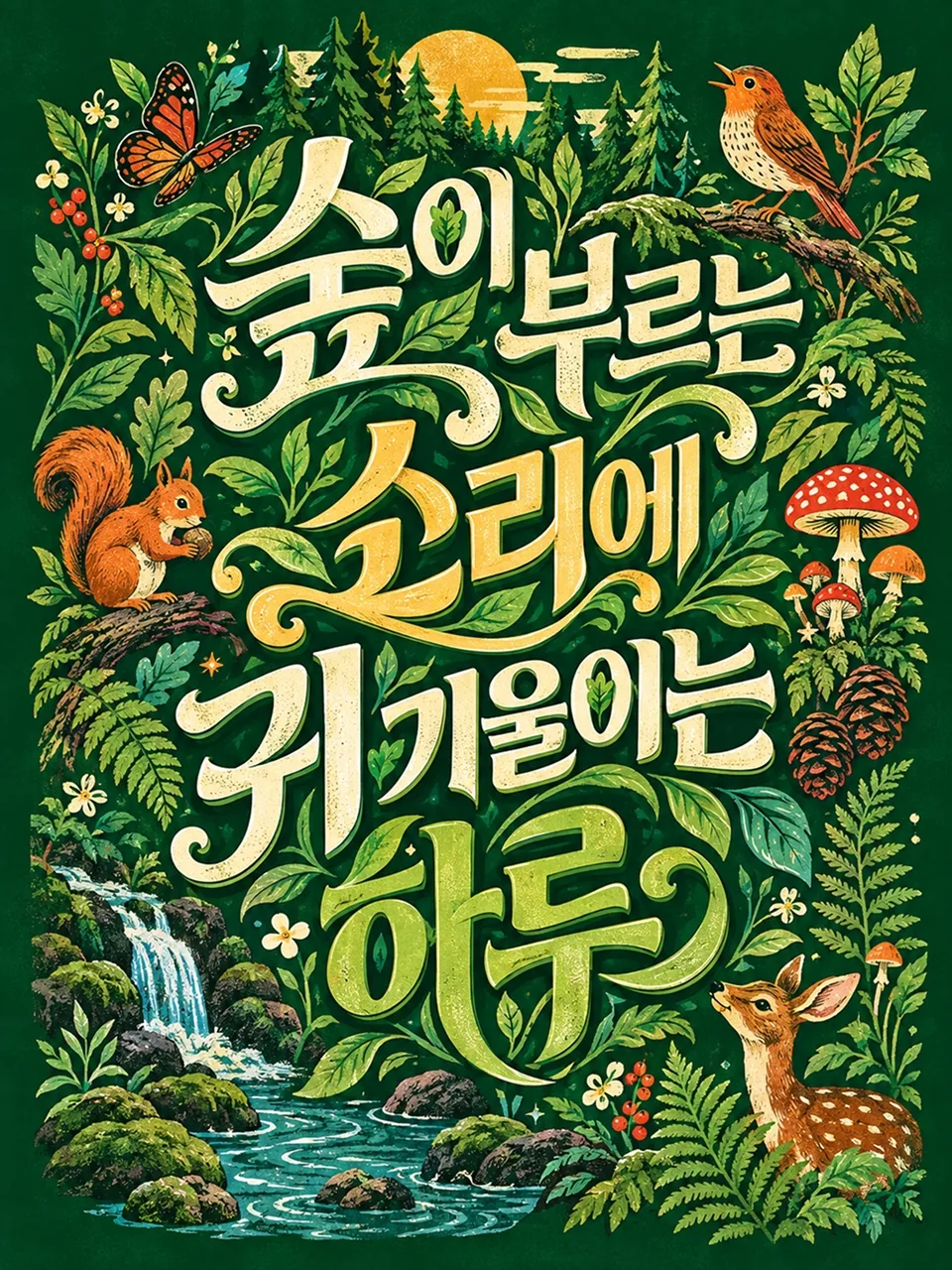 숲속 동물과 식물 사이에 숲이 부르는 소리에 귀 기울이는 하루라고 쓴 글씨