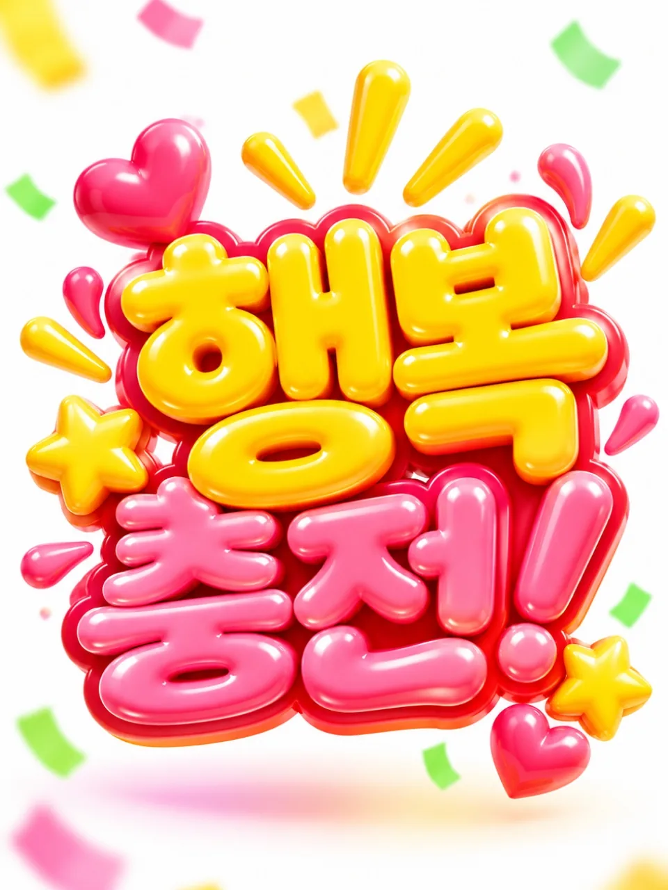 흰색 배경에 노란색과 핑크색의 통통한 3D 젤리 글씨로 표현한 행복 충전