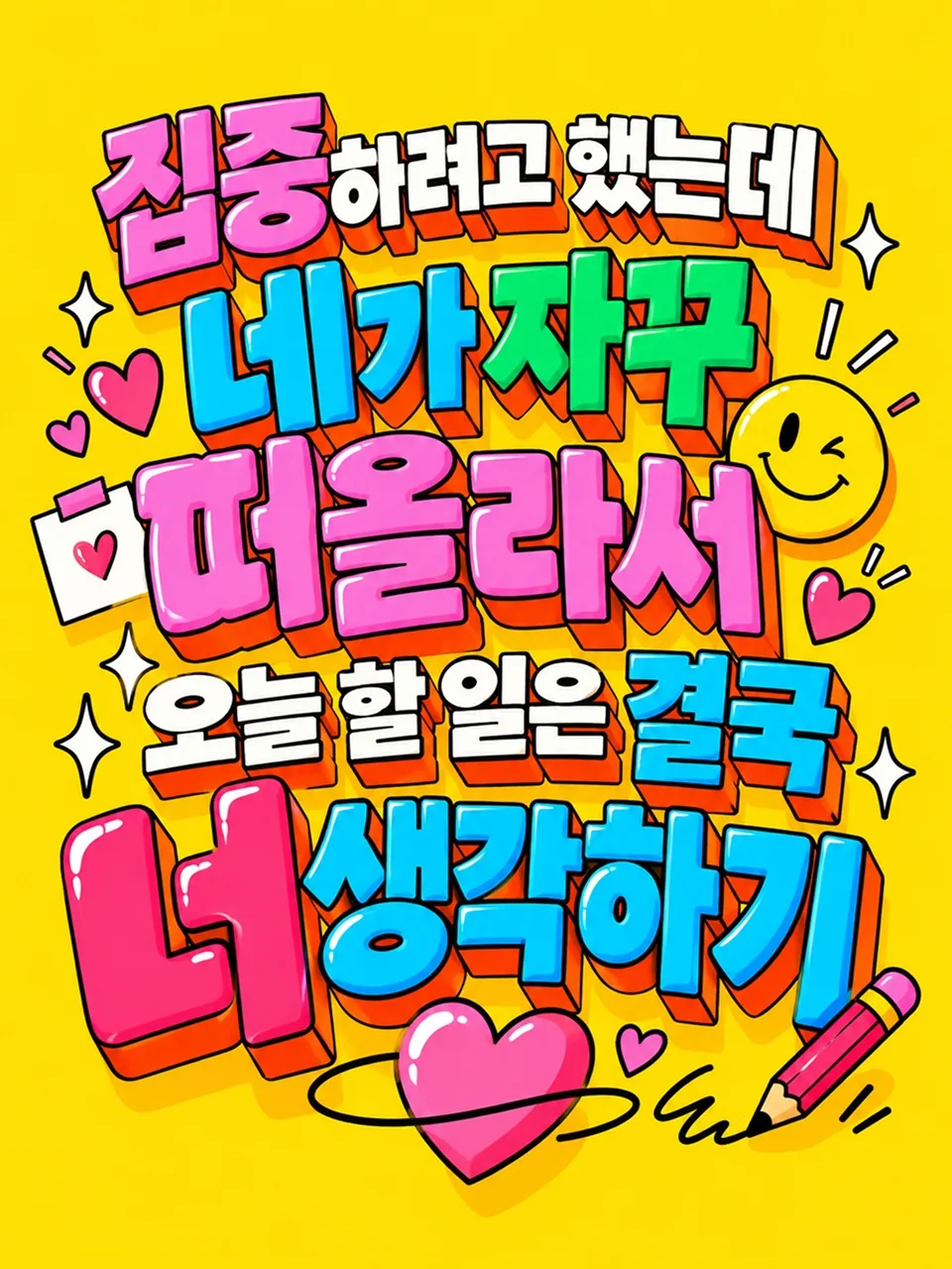 노란색 배경에 집중하려고 했는데 네가 자꾸 떠올라서 오늘 할 일은 결국 너 생각하기라고 쓴 글씨