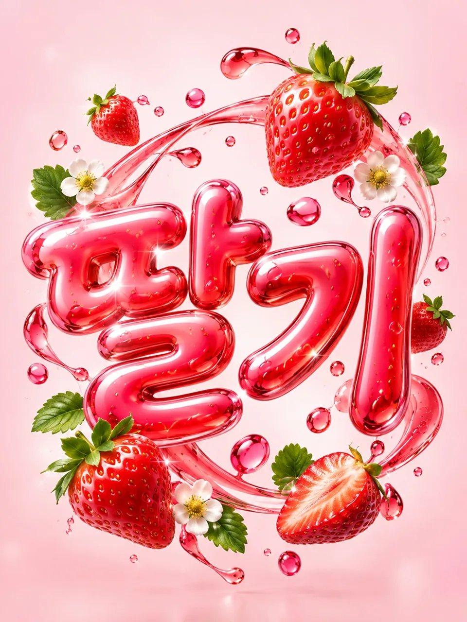 분홍색 배경에 딸기와 빨간색 유리 글씨로 쓴 딸기