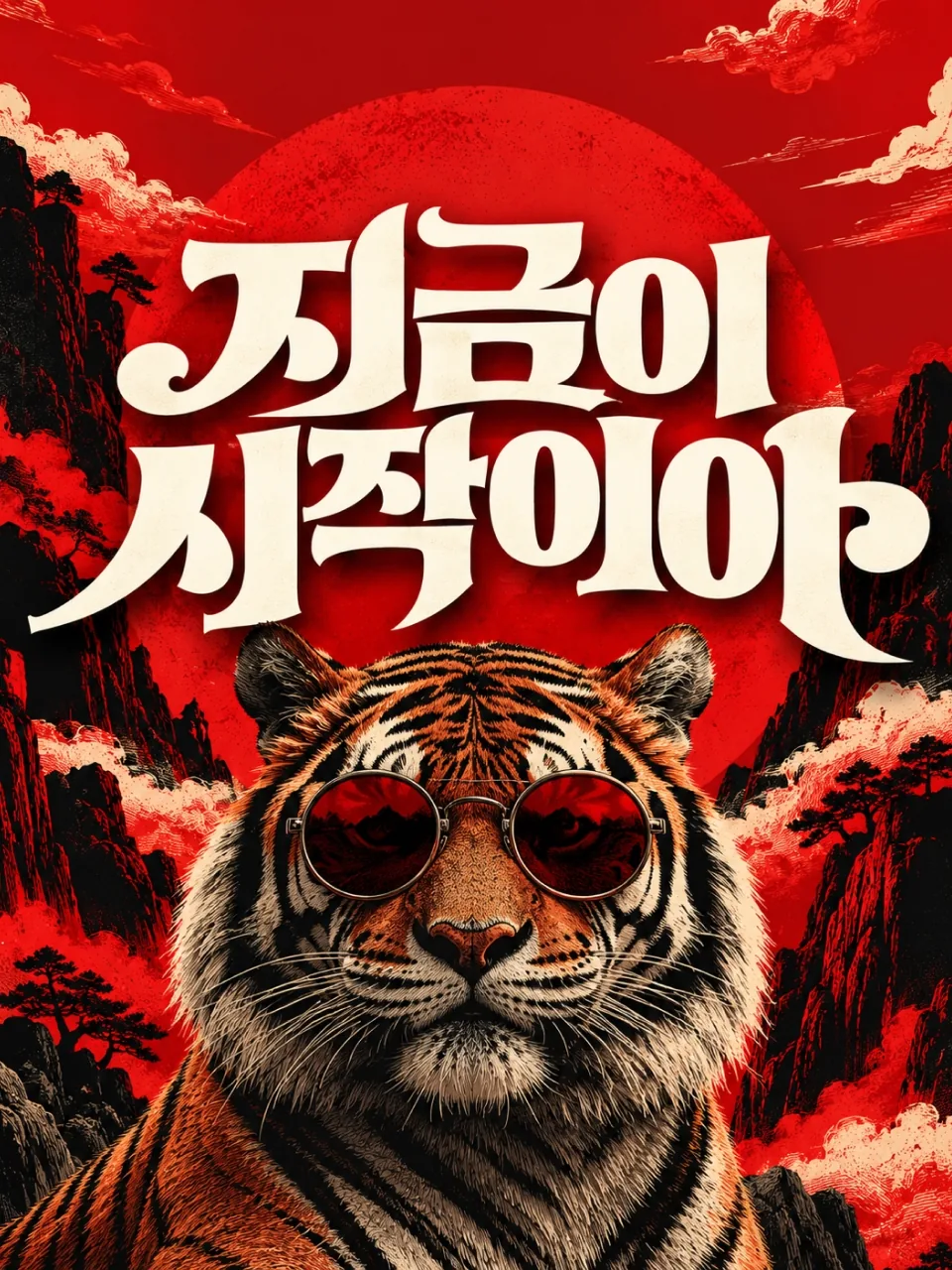 붉은 해와 산수화 배경에 선글라스를 쓴 호랑이와 지금이 시작이야라고 쓴 크림색 한글 타이포그래피