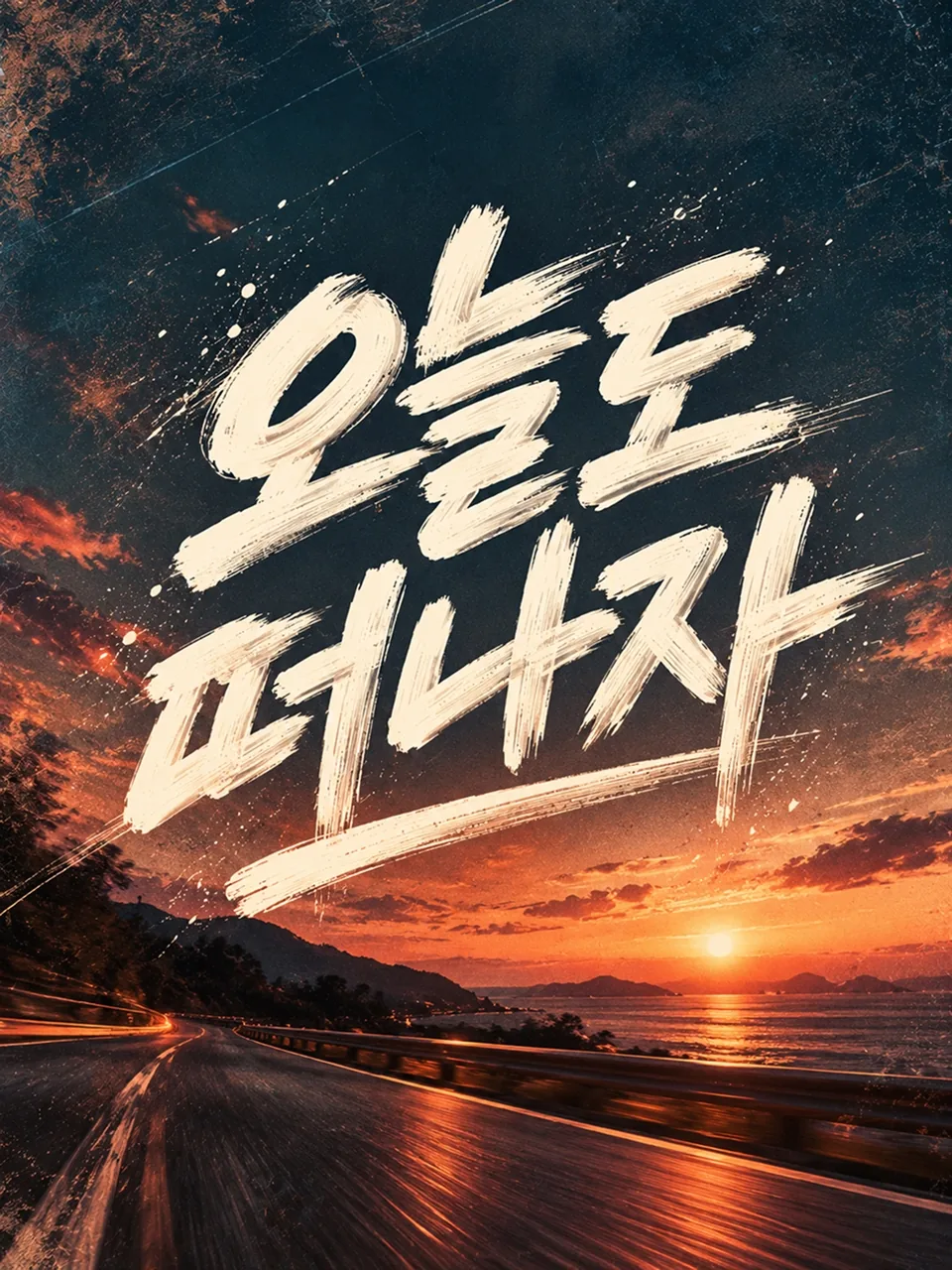 노을이 지는 해안도로를 배경으로 거친 붓글씨 스타일의 한글로 오늘도 미치자라고 표현한 타이포그래피