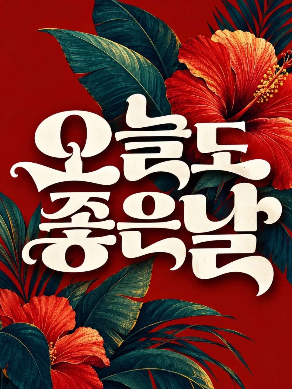 강렬한 붉은색 배경과 짙은 청록색 열대 식물, 붉은 히비스커스 꽃 사이에 크림색 레트로 한글 타이포그래피로 표현한 오늘도 좋은날